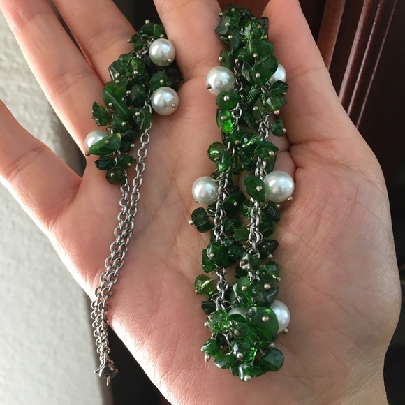 Natural chrome diopside cultured freshwater pearl stainless steel necklace - Picture 2 of 9